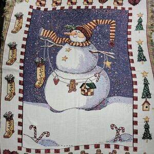 VTG Christmas Sandi Gore Evans Snowman Throw 60" Woven‎ Winter Holiday Tapestry